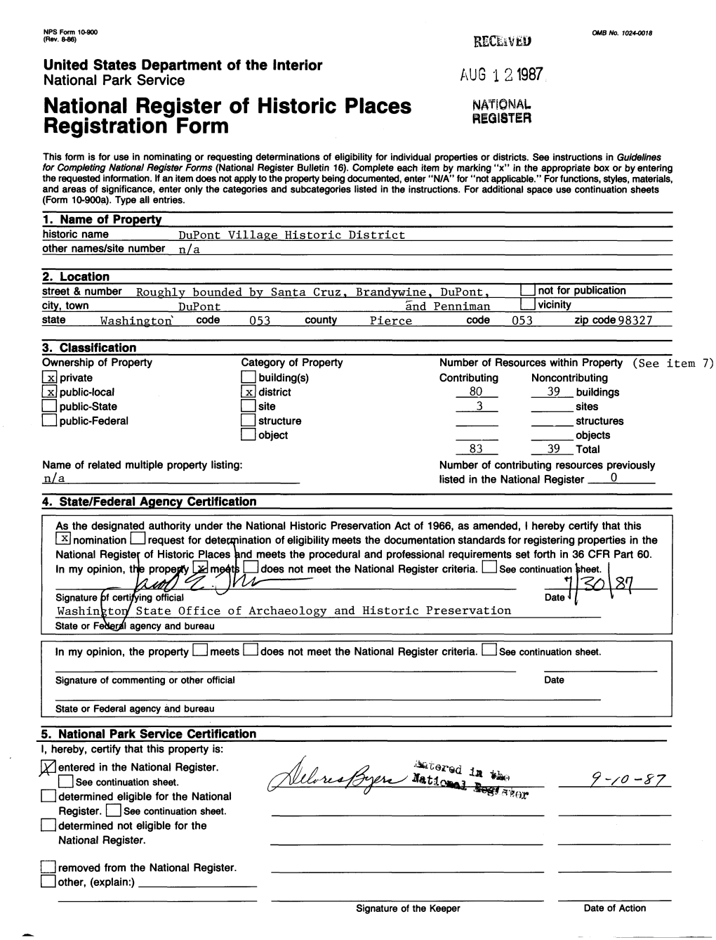 Ifeolsw Signature )F Certi^Ing Official V~X Date -I ^ V Washin Jtoi/ State Office of Archaeology and Historic Preservation State Or Feoejpl Agency and Bureau