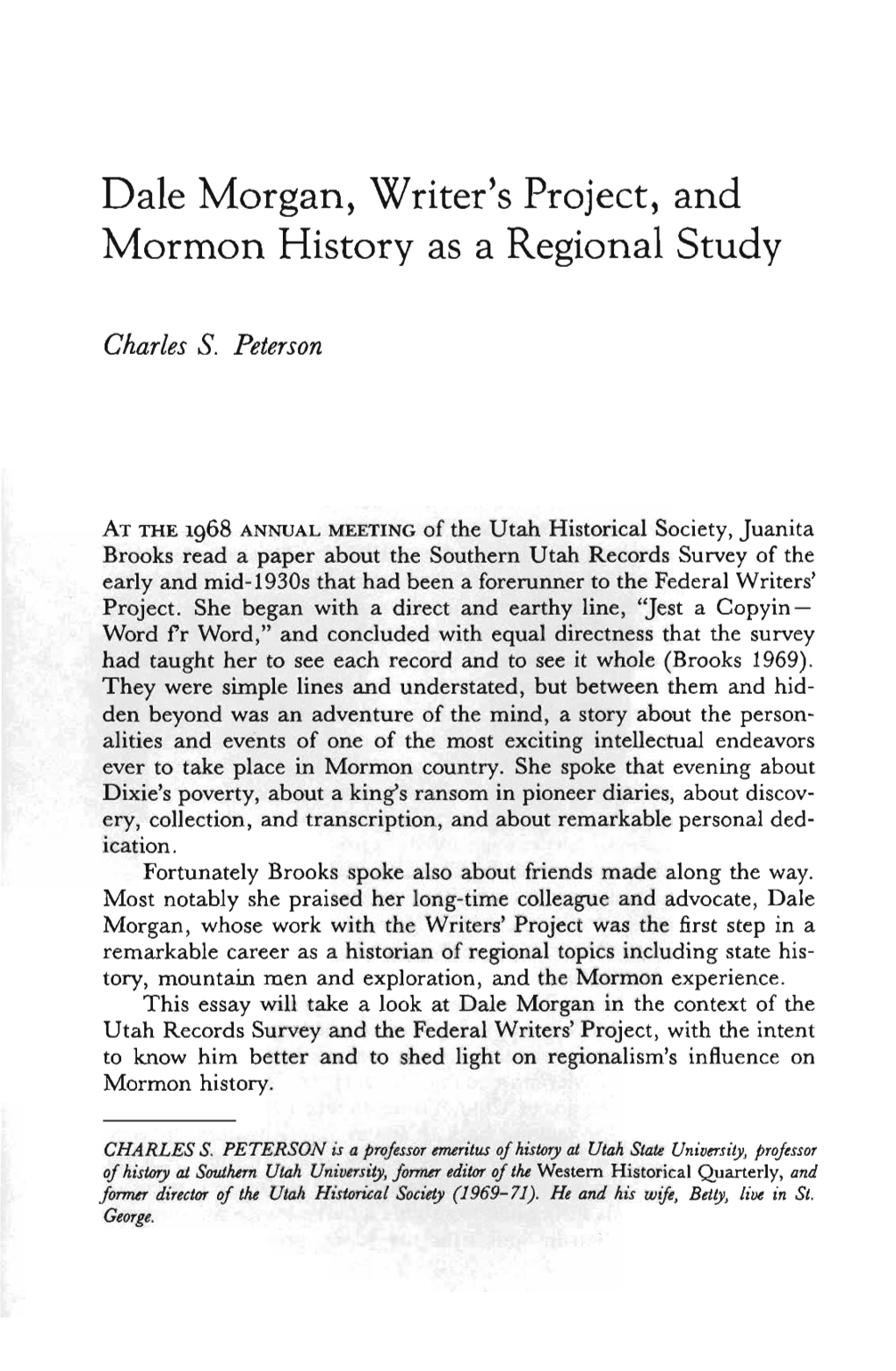 Dale Morgan, Writer's Project, and Mormon History As a Regional Study