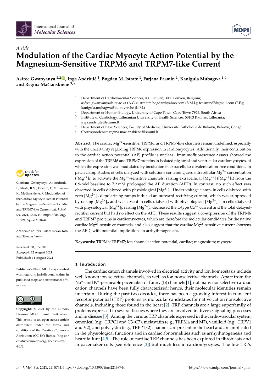Modulation of the Cardiac Myocyte Action Potential by the Magnesium-Sensitive TRPM6 and TRPM7-Like Current