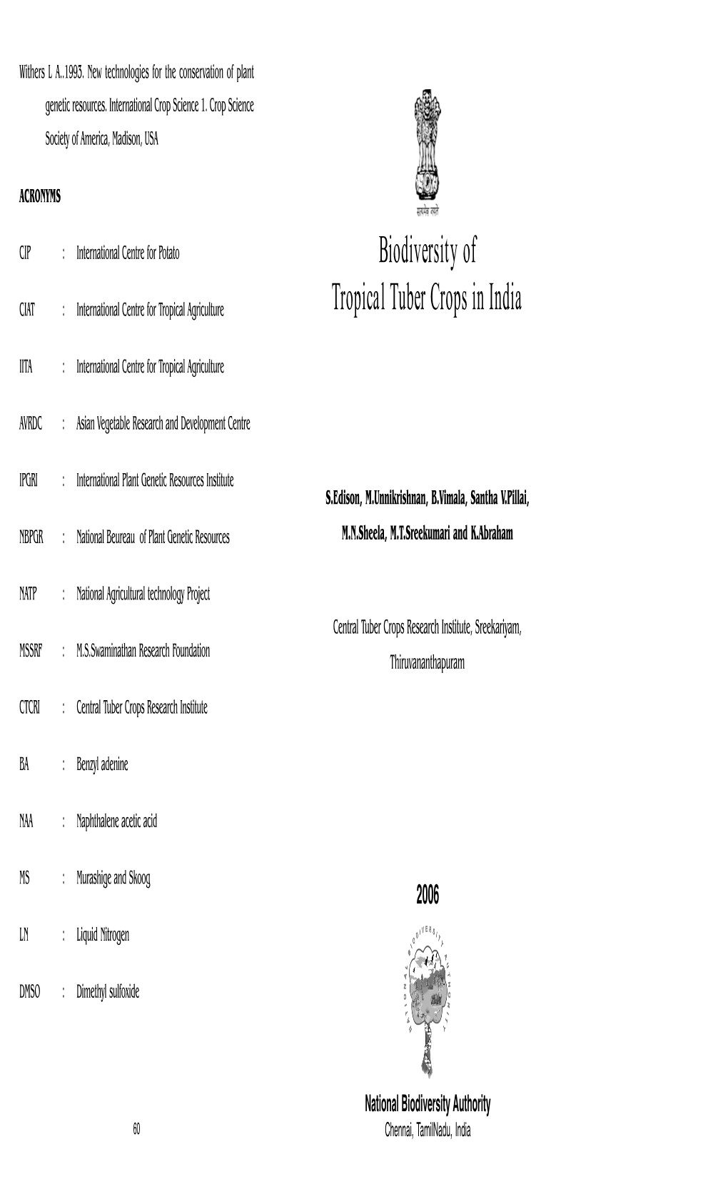 Biodiversity of Tropical Tuber Crops in India