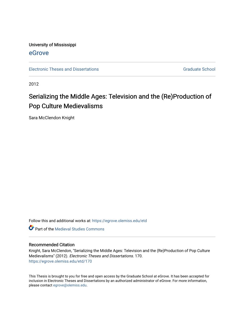 Serializing the Middle Ages: Television and the (Re)Production of Pop Culture Medievalisms