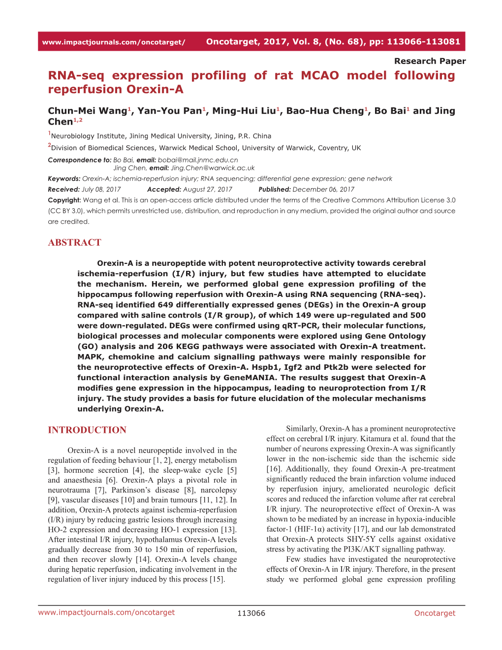 RNA-Seq Expression Profiling of Rat MCAO Model Following Reperfusion Orexin-A