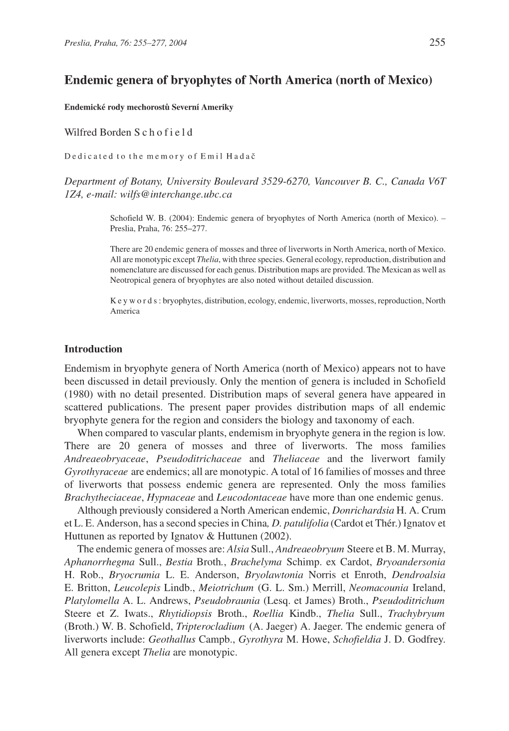 Endemic Genera of Bryophytes of North America (North of Mexico)