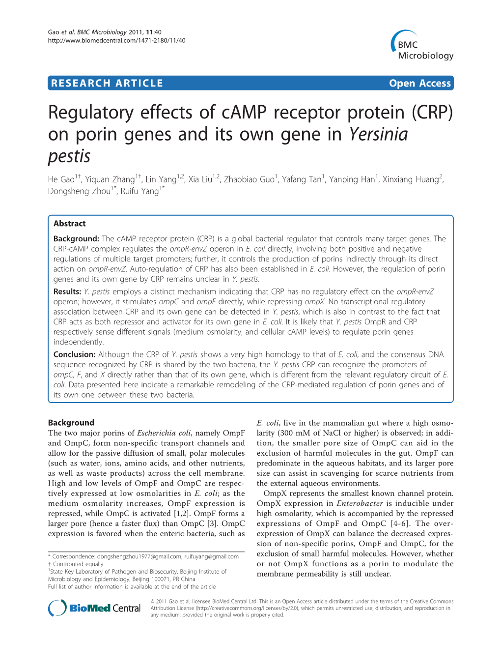 (CRP) on Porin Genes and Its Own Gene in Yersinia Pestis