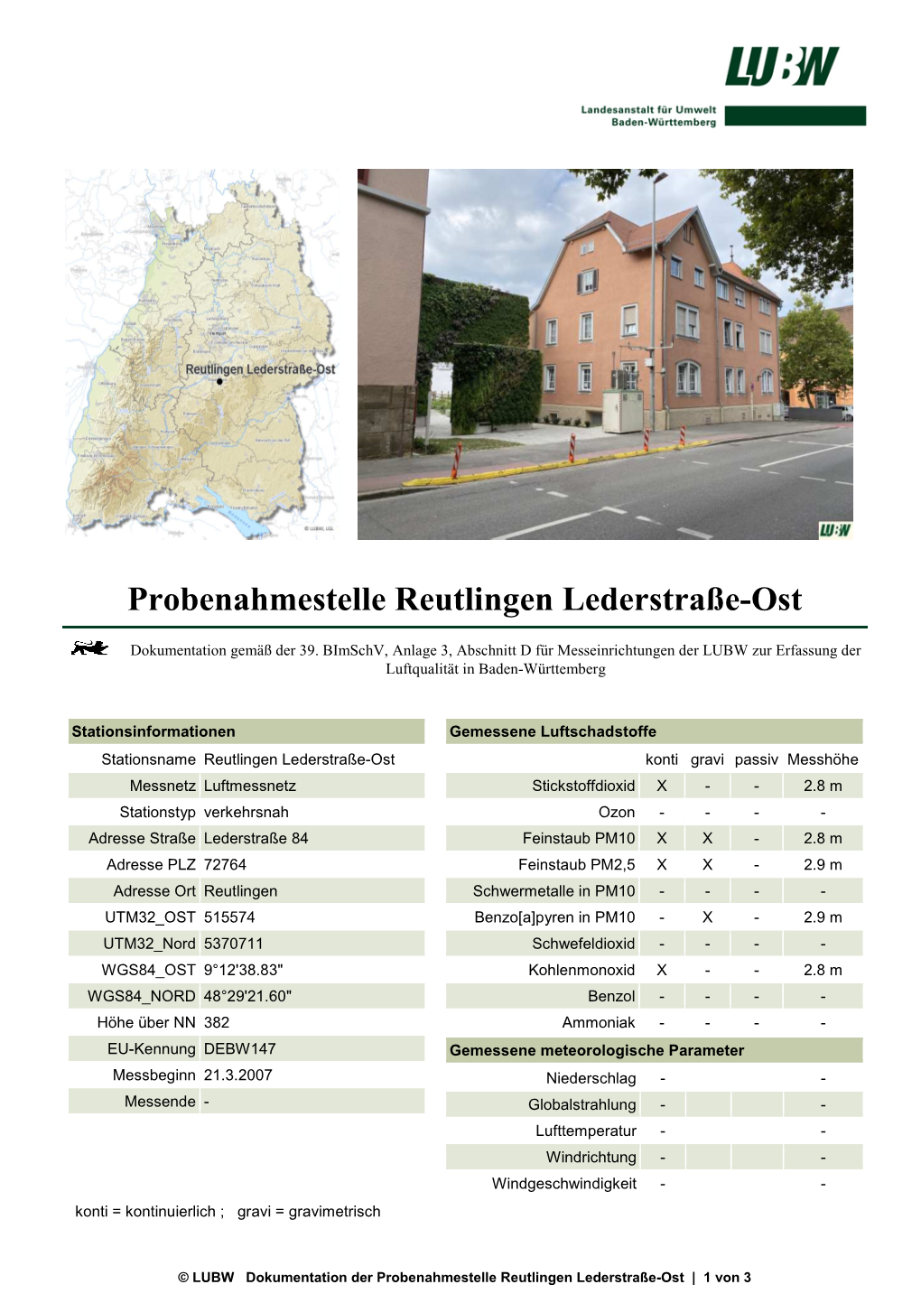 Probenahmestelle Reutlingen Lederstraße-Ost