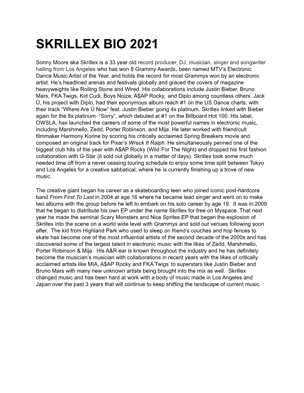 Skrillex Bio 2021