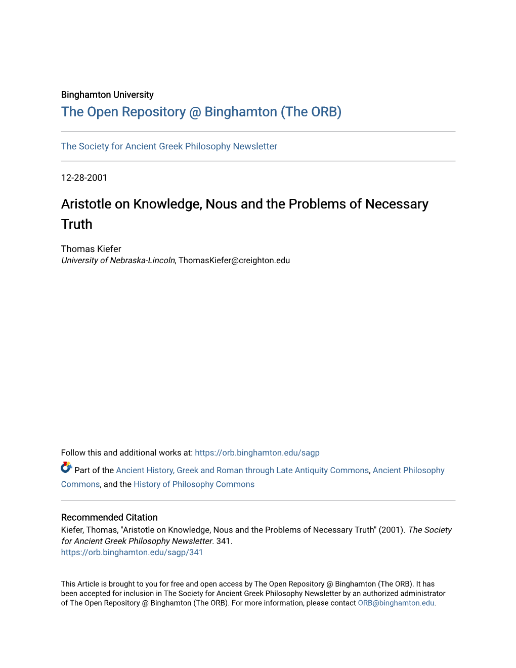 Aristotle on Knowledge, Nous and the Problems of Necessary Truth