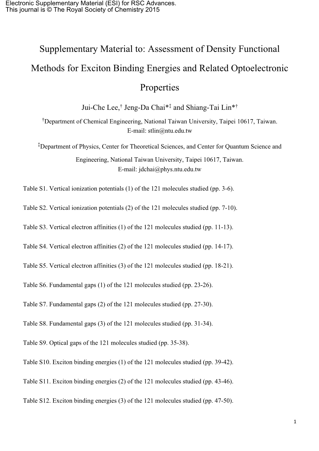 Supplementary Material To: Assessment of Density Functional Methods for Exciton Binding Energies and Related Optoelectronic Properties