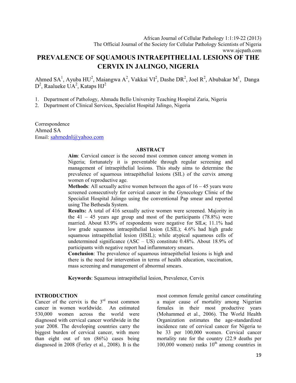 Prevalence of Squamous Intraepithelial Lesions of the Cervix in Jalingo, Nigeria