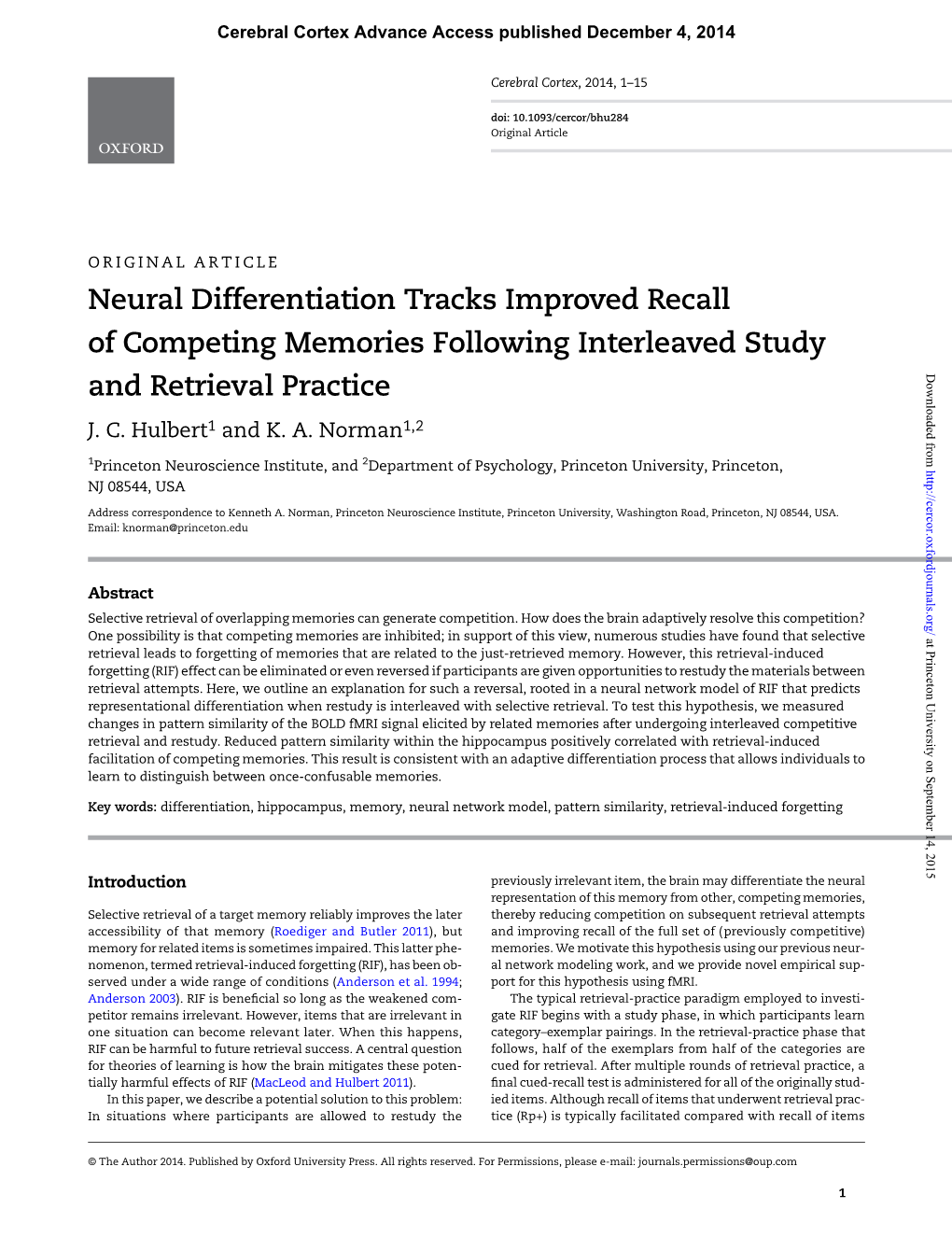 Neural Differentiation Tracks Improved Recall of Competing Memories Following Interleaved Study Downloaded from and Retrieval Practice J