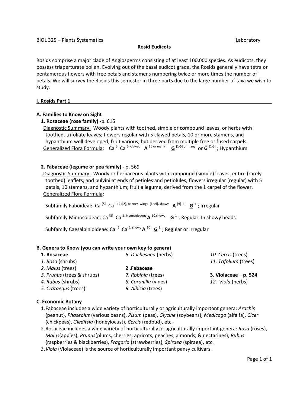 Of 1 BIOL 325 – Plants Systematics Laboratory Rosid Eudicots Rosids