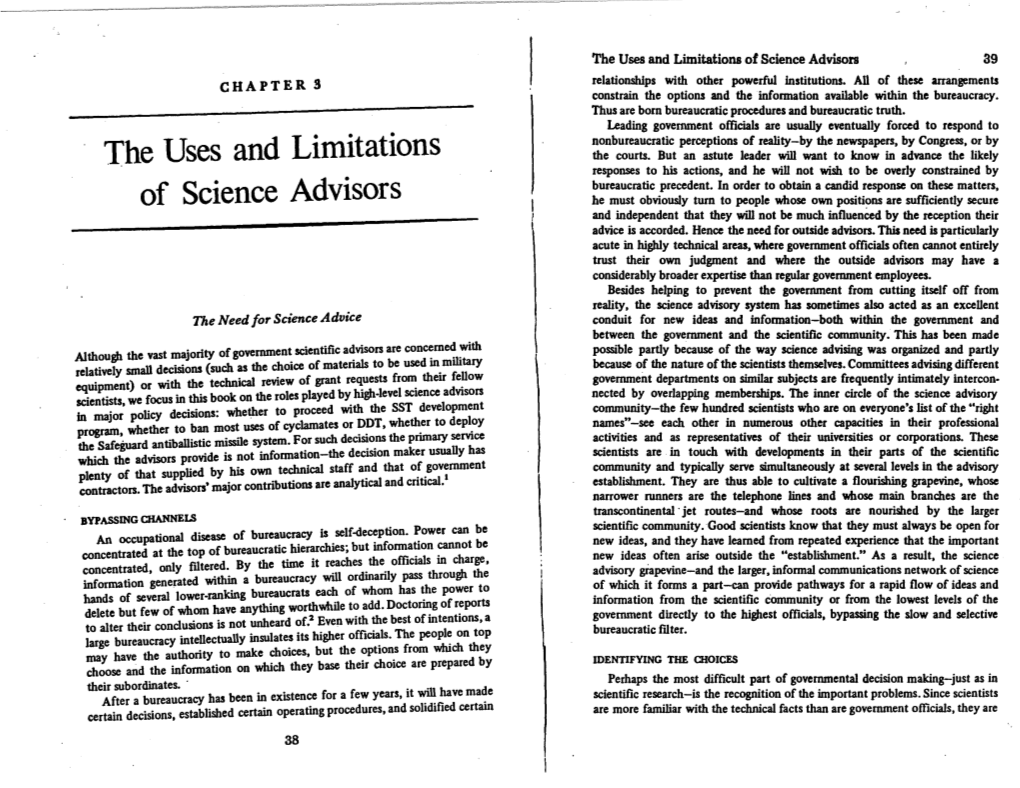 The Uses and Limitations of Science Advisors 39 CHAPTER 3 Relationships with Other Powerful Institutions