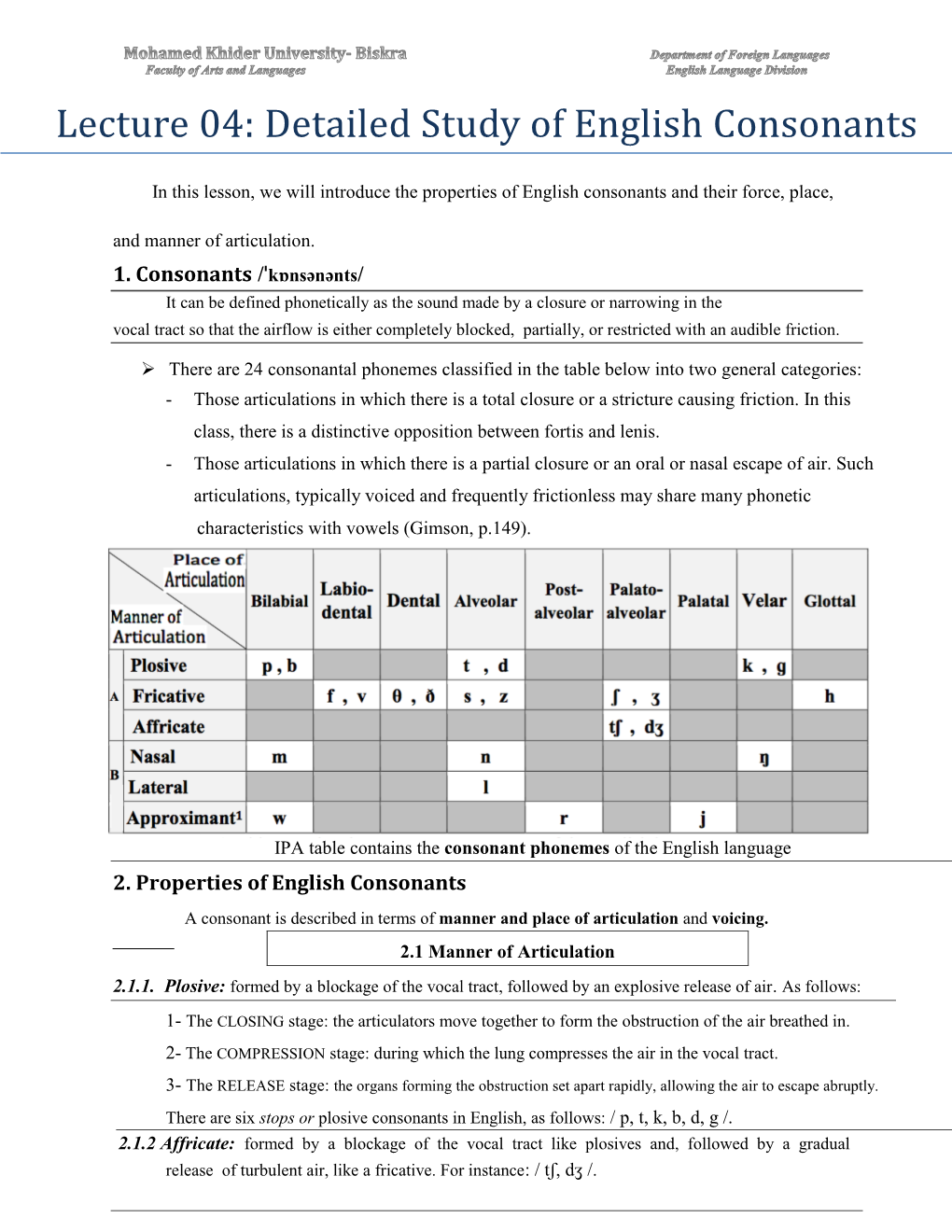 Detailed Study of English Consonants