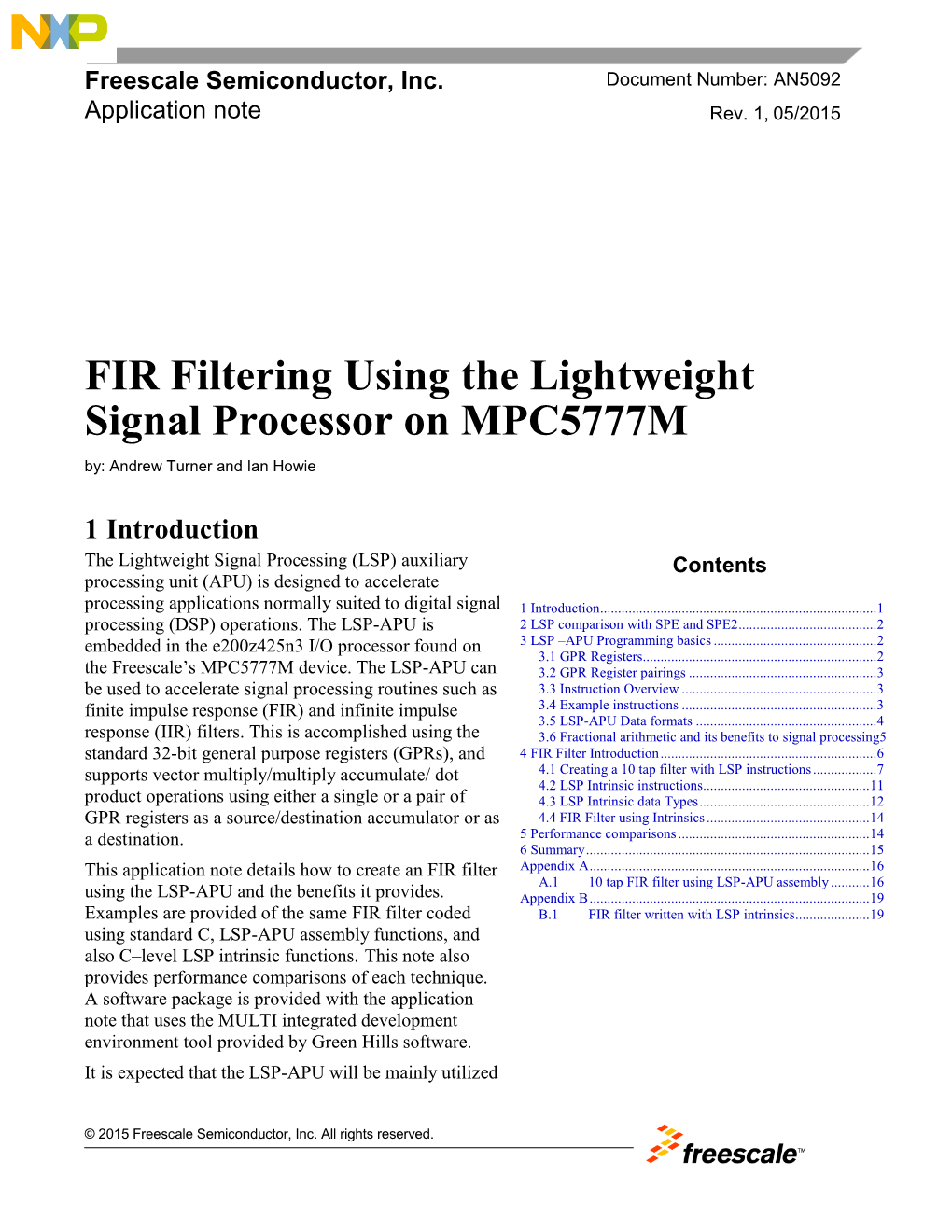 AN5092, FIR Filtering Using the Lightweight Signal Processor on MPC5777M