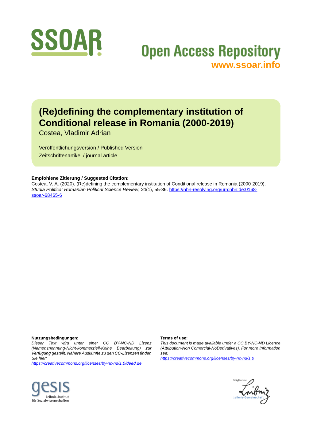 Defining the Complementary Institution of Conditional Release in Romania (2000-2019) Costea, Vladimir Adrian