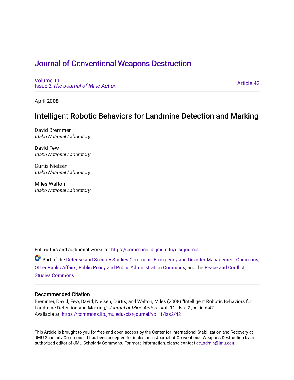 Intelligent Robotic Behaviors for Landmine Detection and Marking