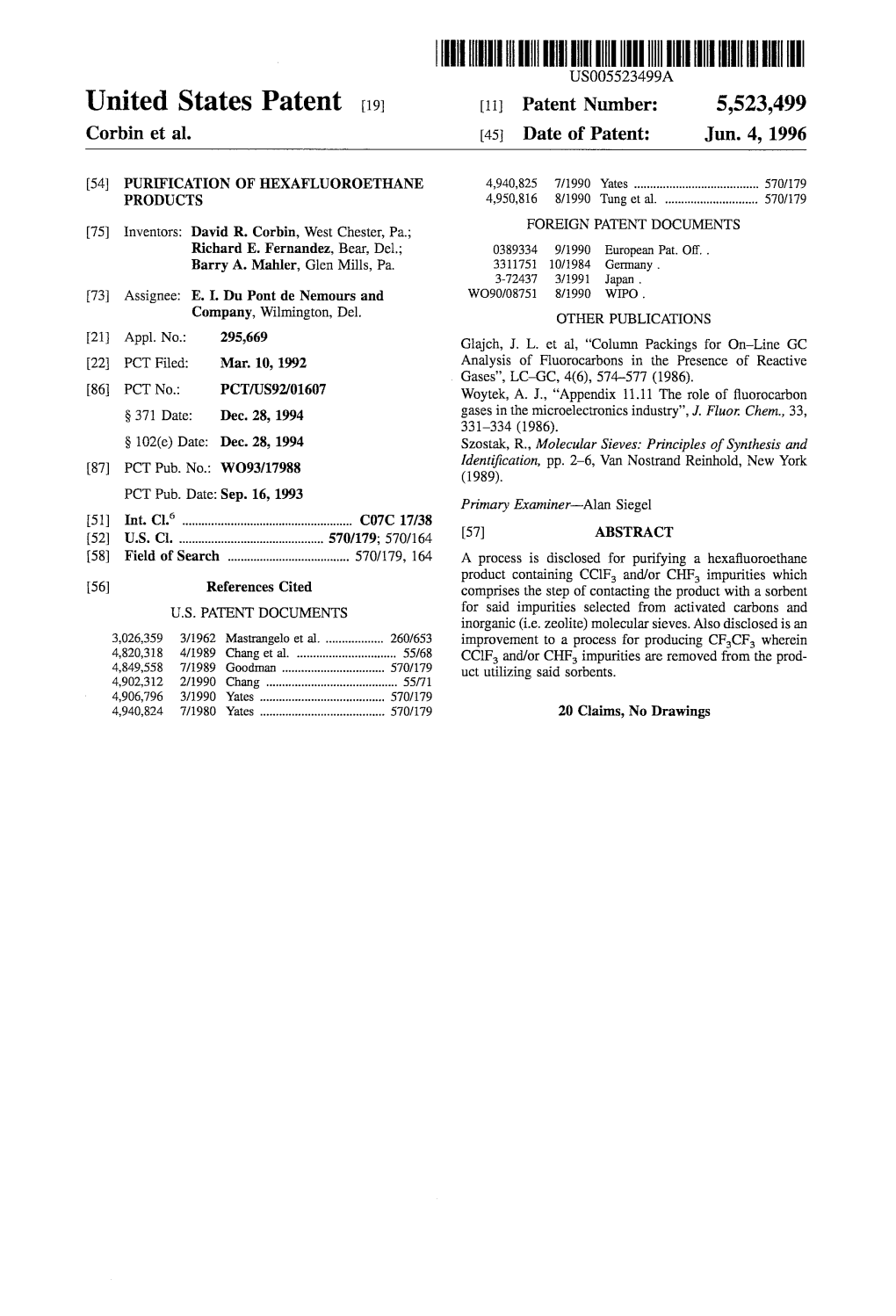 III IIII US005523499A United States Patent (19) 11 Patent Number: 5,523,499 Corbin Et Al