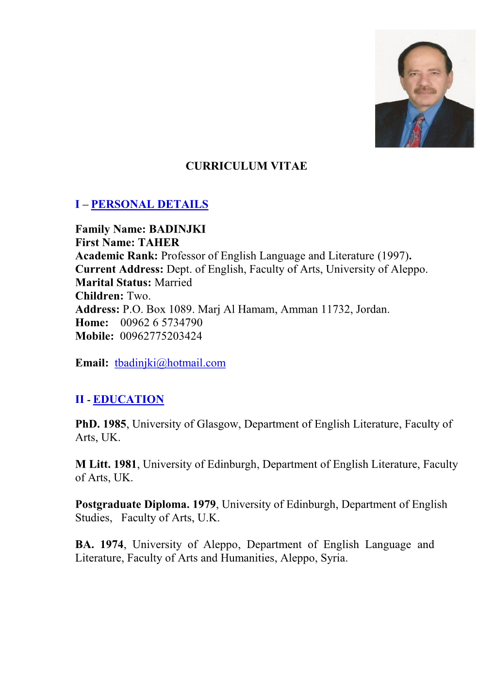 TAHER Academic Rank: Professor of English Language and Literature (1997)