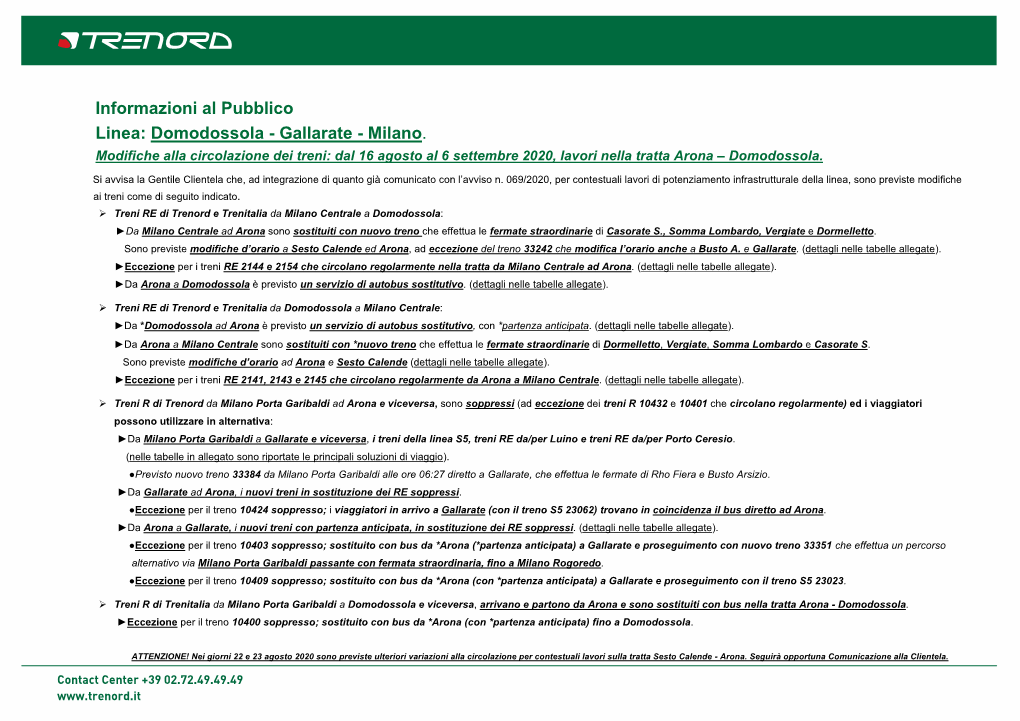 Informazioni Al Pubblico Linea: Domodossola - Gallarate - Milano