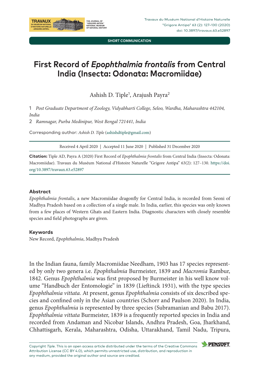 First Record of Epophthalmia Frontalis from Central India (Insecta: Odonata: Macromiidae)