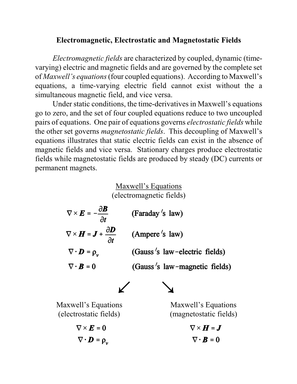 Electromagnetic, Electrostatic and Magnetostatic Fields Electromagnetic Fields Are Characterized by Coupled, Dynamic (Time- Vary