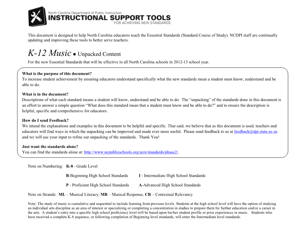 K-12 Music: Unpacked Content