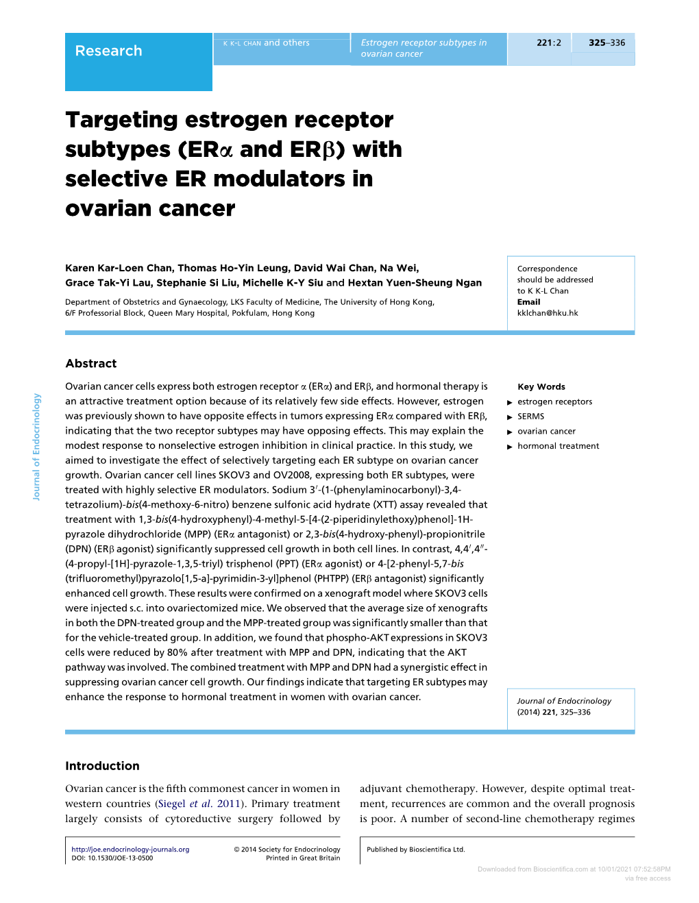 Targeting Estrogen Receptor Subtypes (Era and Erb) with Selective ER Modulators in Ovarian Cancer