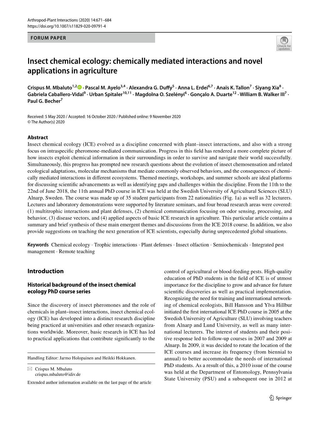 Insect Chemical Ecology: Chemically Mediated Interactions and Novel Applications in Agriculture