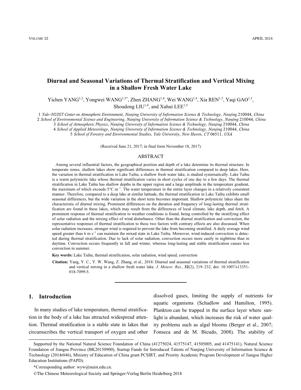 Diurnal and Seasonal Variations of Thermal Stratification and Vertical Mixing in a Shallow Fresh Water Lake