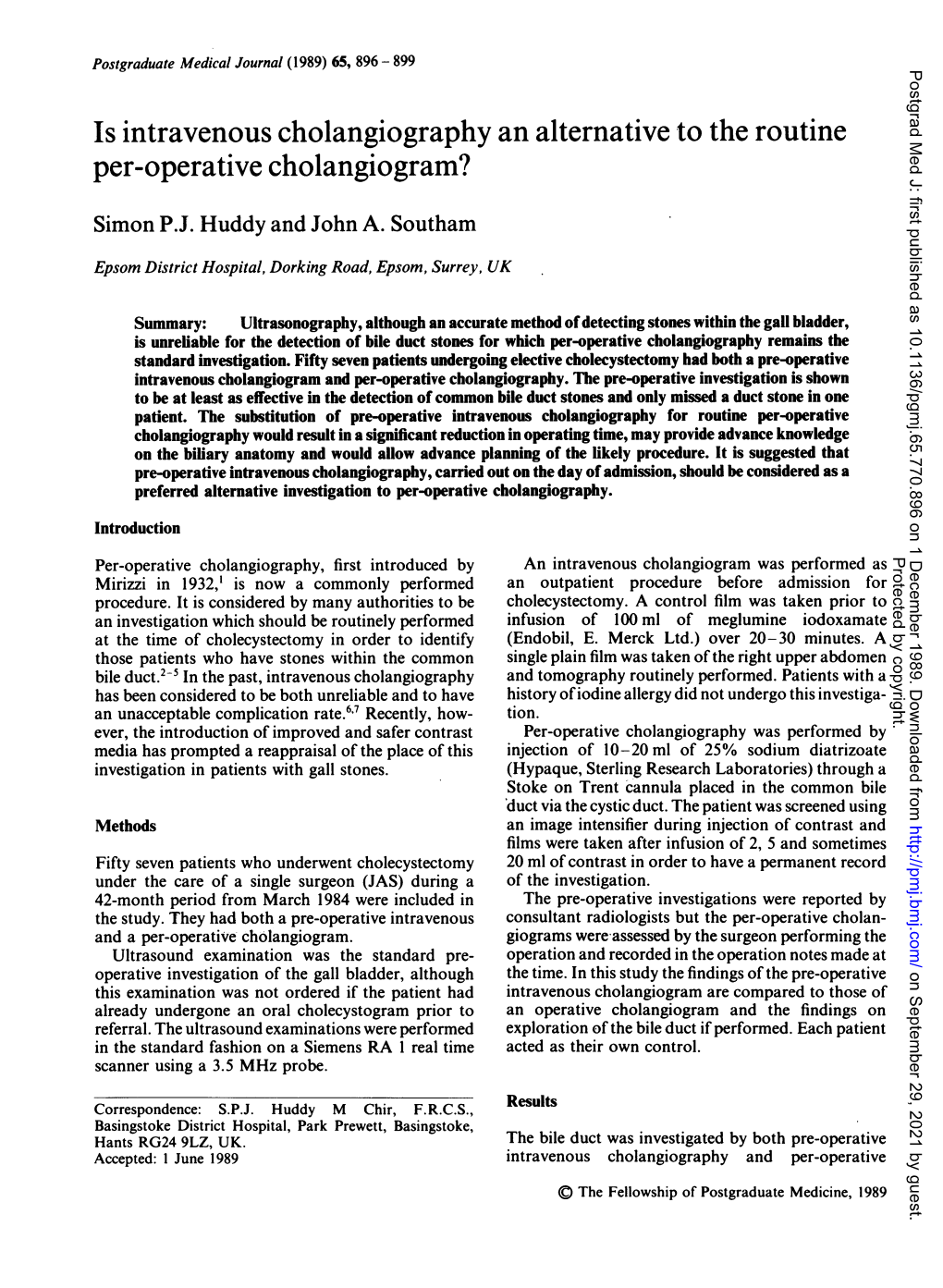 Is Intravenous Cholangiography an Alternative to the Routine Per-Operative Cholangiogram? Simon P.J