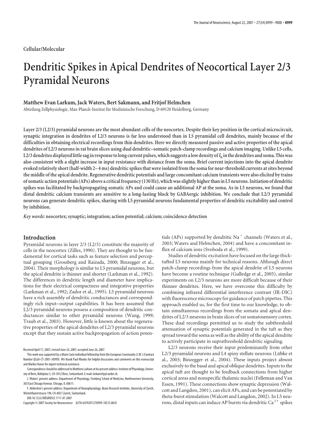Dendritic Spikes in Apical Dendrites of Neocortical Layer 2/3 Pyramidal Neurons