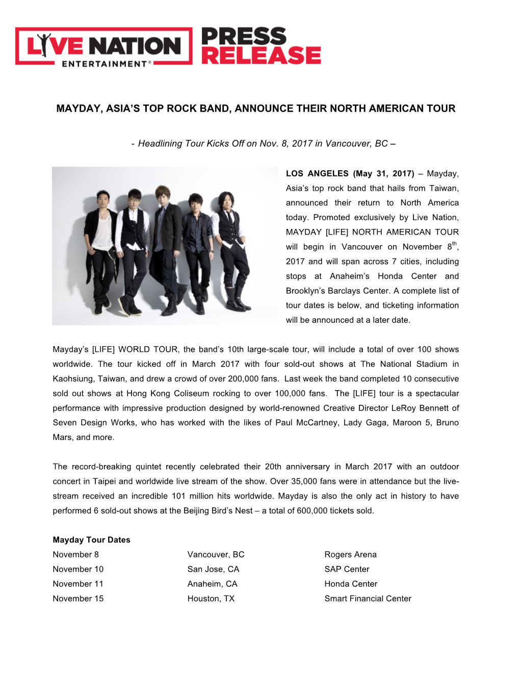 Mayday, Asia's Top Rock Band, Announce Their North