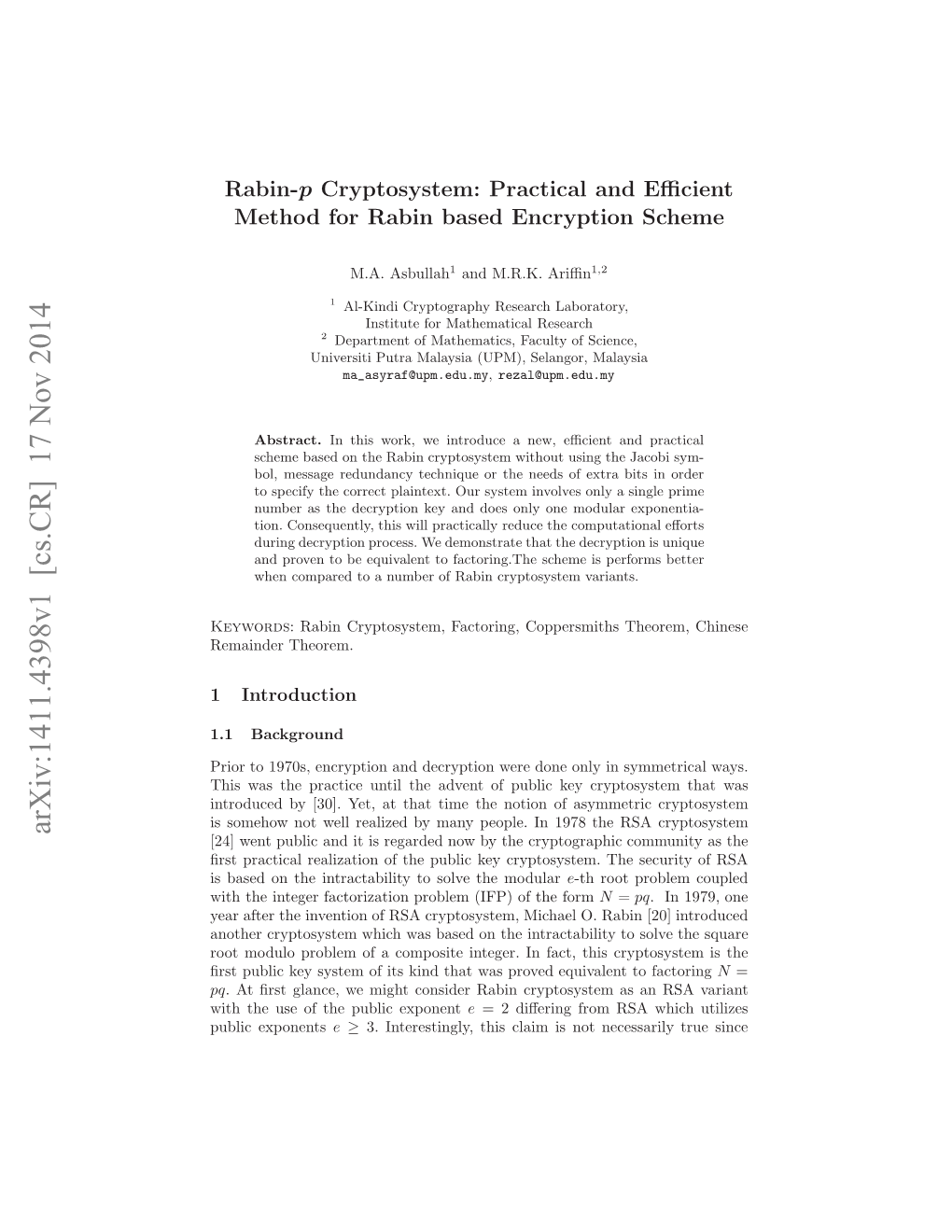 Rabin-$ P $ Cryptosystem: Practical and Efficient Method for Rabin