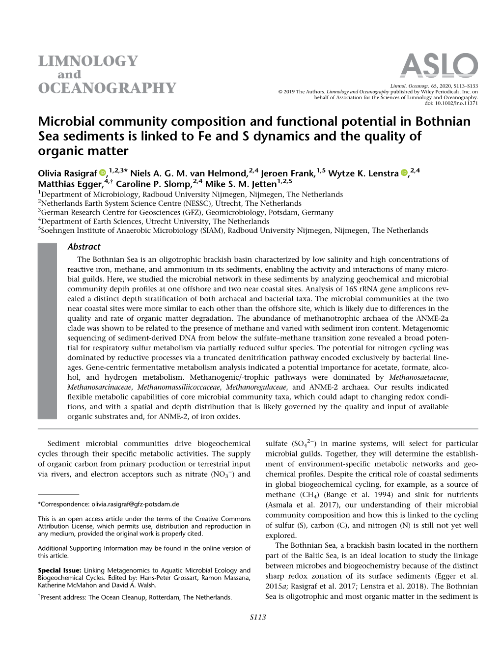 Microbial Community Composition and Functional Potential in Bothnian Sea Sediments Is Linked to Fe and S Dynamics and the Quality of Organic Matter