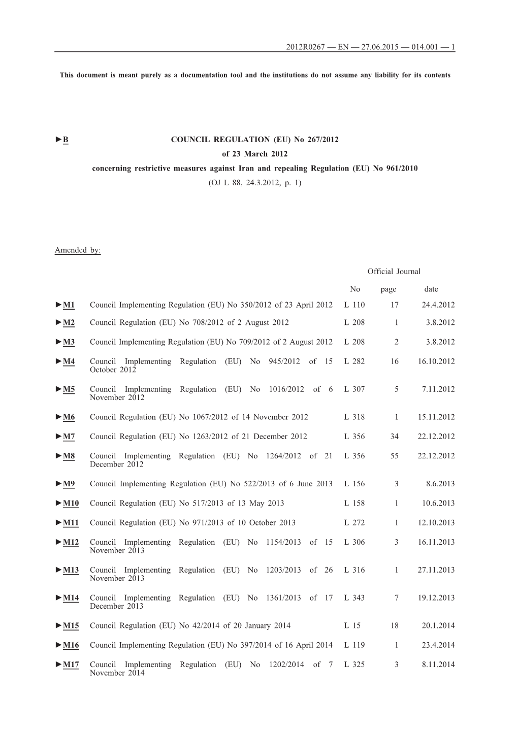 B COUNCIL REGULATION (EU) No 267/2012 of 23 March 2012 Concerning Restrictive Measures Against Iran and Repealing Regulation (EU) No 961/2010 (OJ L 88, 24.3.2012, P