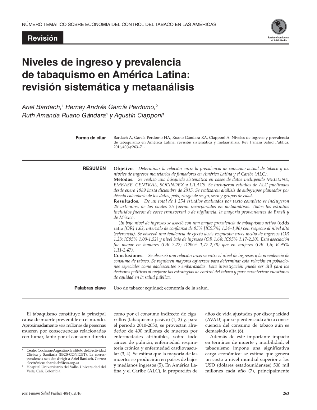 Niveles De Ingreso Y Prevalencia De Tabaquismo En América Latina: Revisión Sistemática Y Metaanálisis