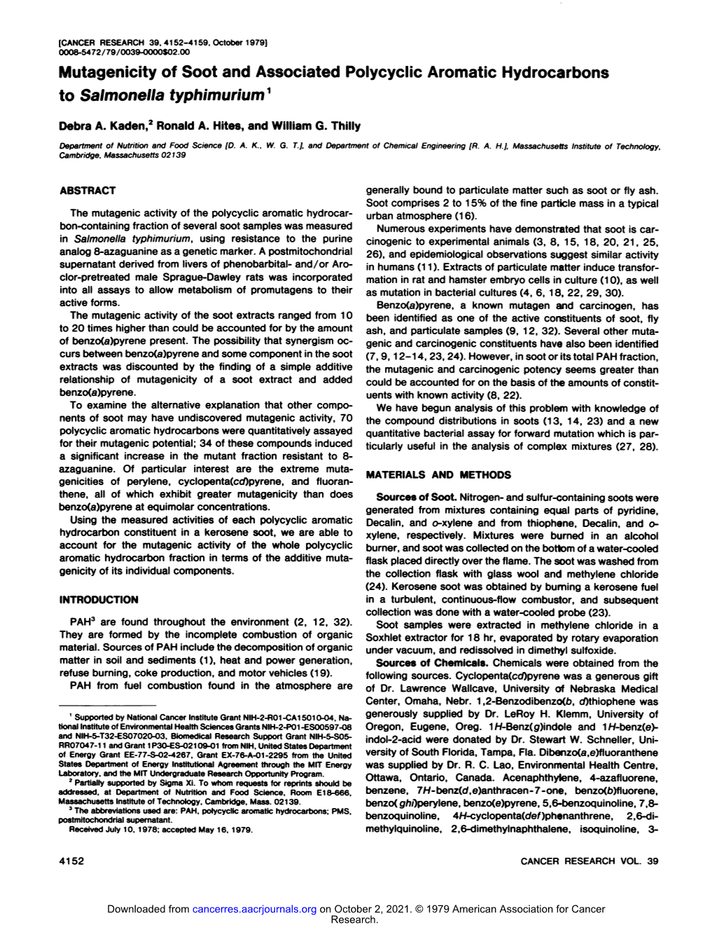 Mutagenicity of Soot and Associated Polycyclic Aromatic Hydrocarbons to Salmonella Typhimuriumi