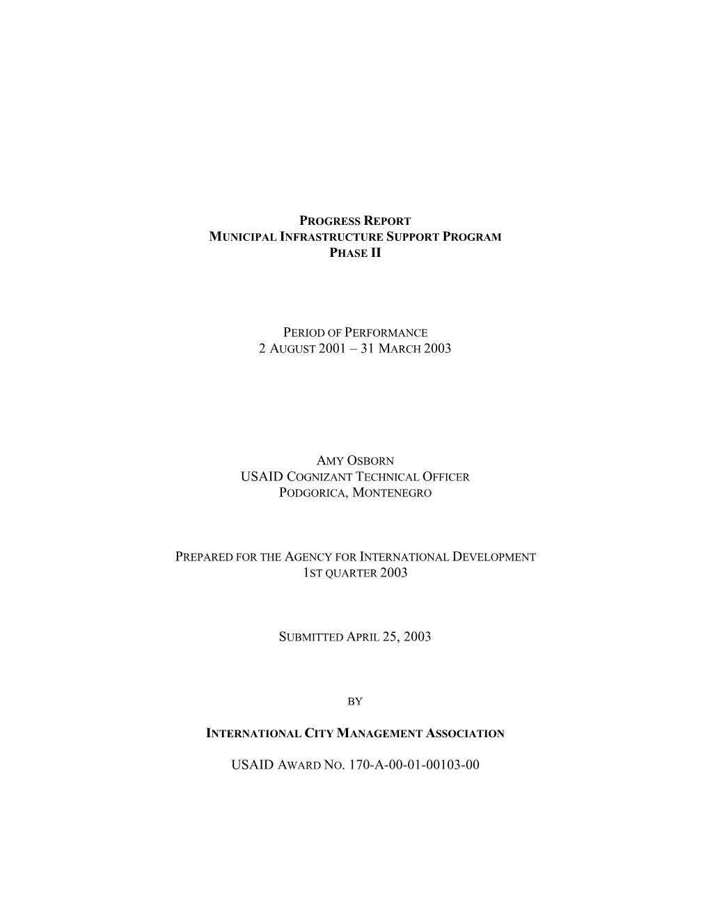 31 March 2003 Usaid Award No. 170-A-00-01-00103-00