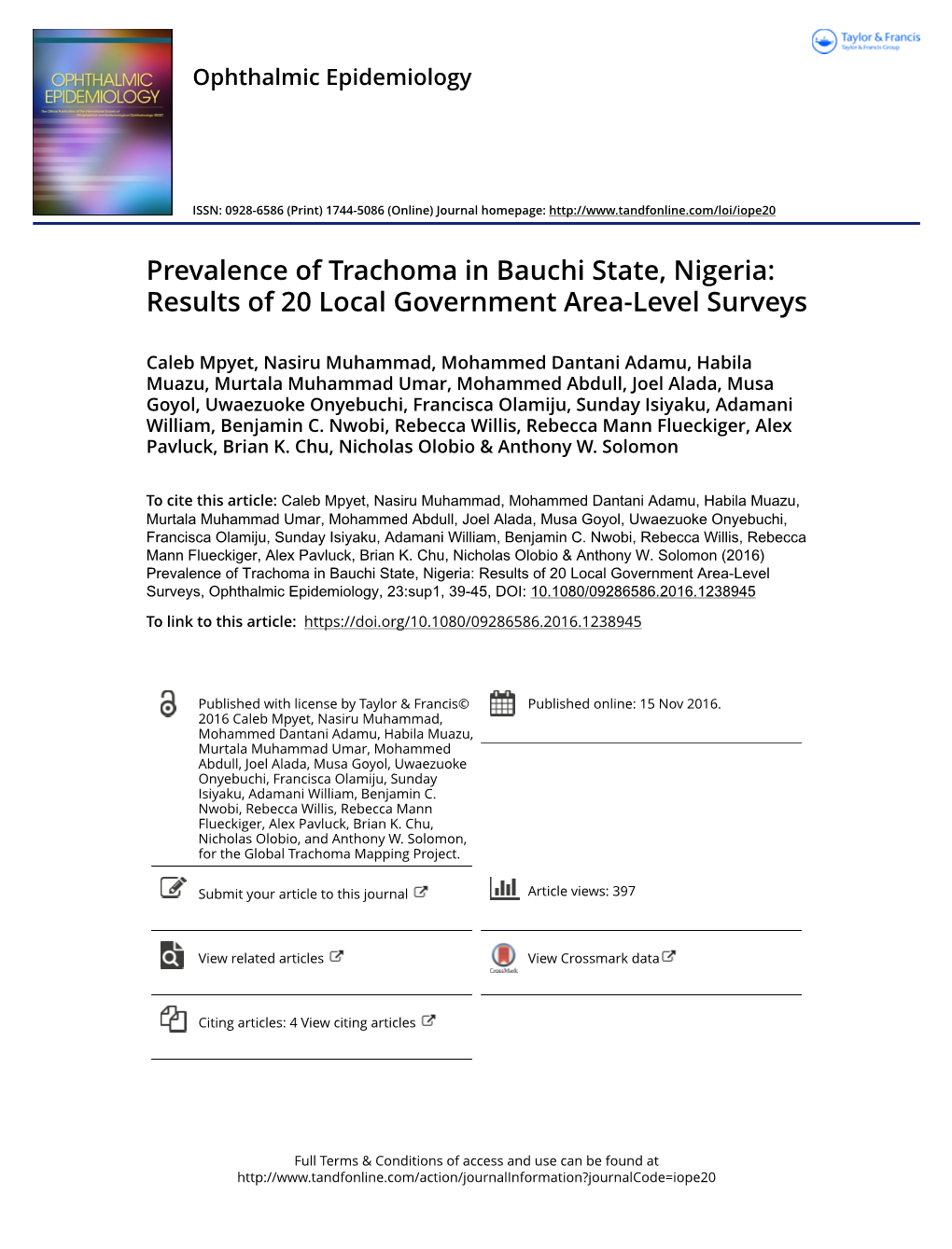 Prevalence of Trachoma in Bauchi State, Nigeria: Results of 20 Local Government Area-Level Surveys