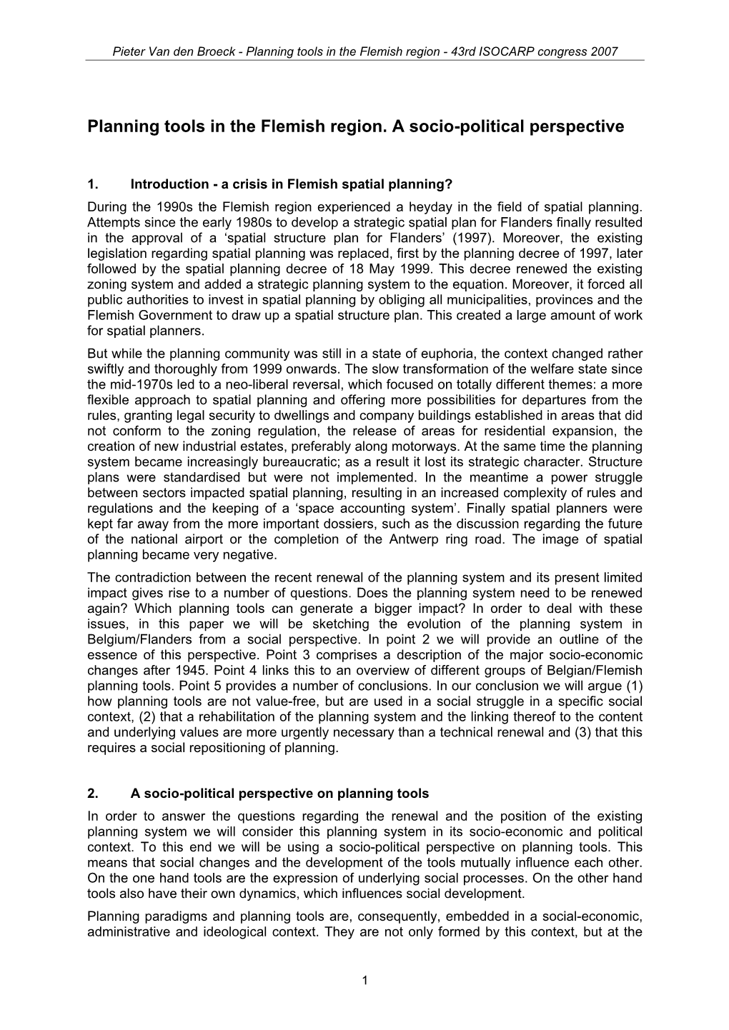 Planning Tools in the Flemish Region. a Socio-Political Perspective