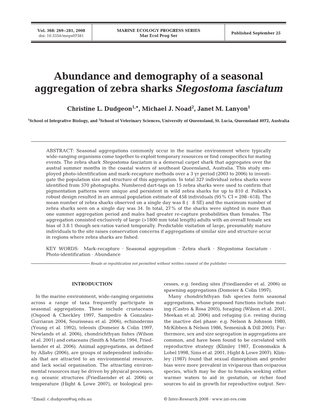 Abundance and Demography of a Seasonal Aggregation of Zebra Sharks Stegostoma Fasciatum