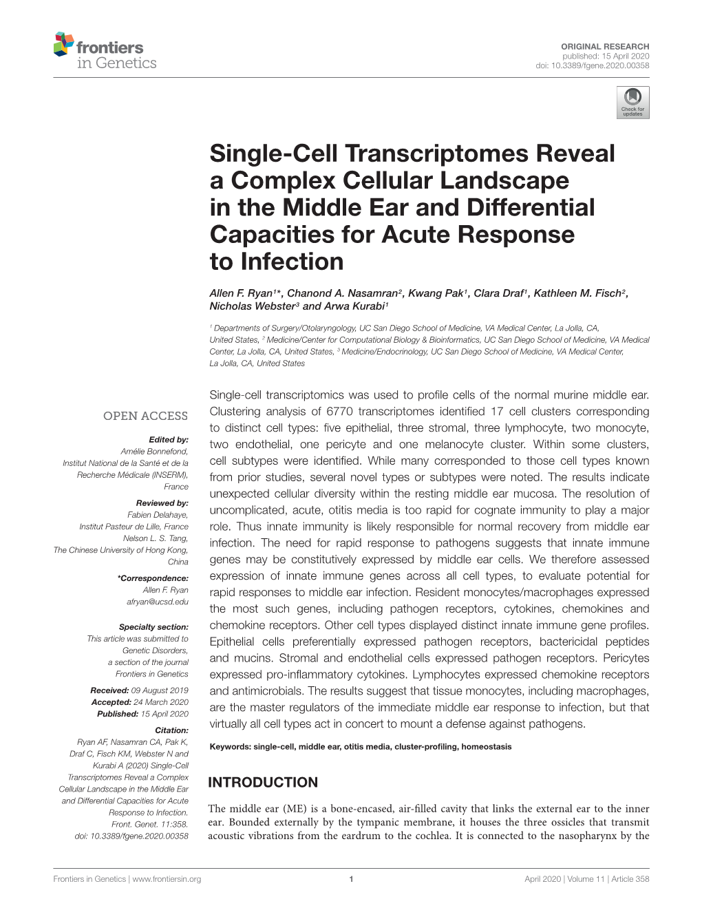 Single-Cell Transcriptomes Reveal a Complex Cellular Landscape in the Middle Ear and Differential Capacities for Acute Response to Infection