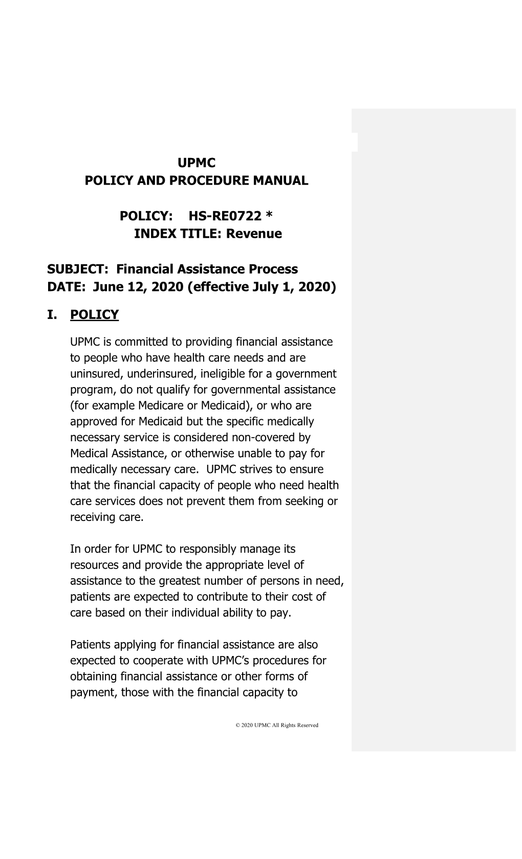 Financial Assistance Process Policy