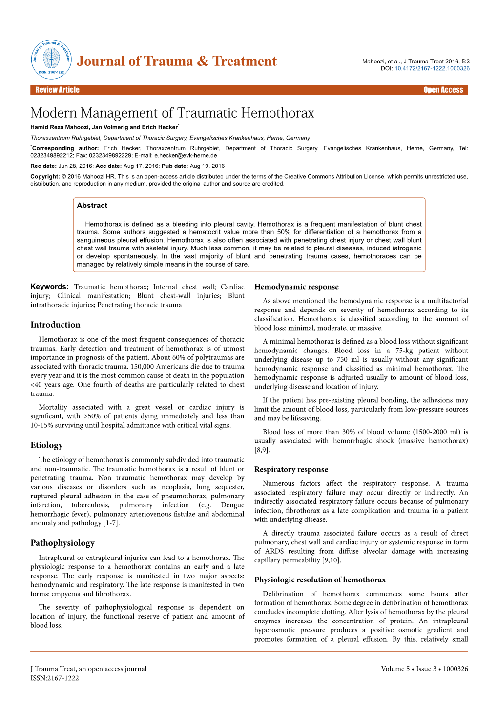 Modern Management of Traumatic Hemothorax
