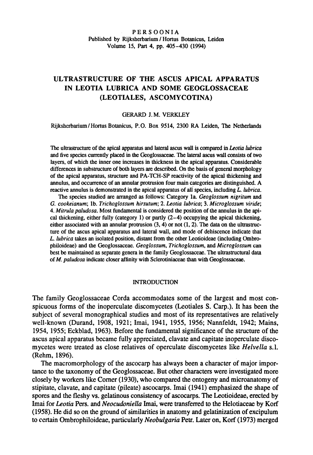 The Family Geoglossaceae Spicuous Inoperculate Discomycetes