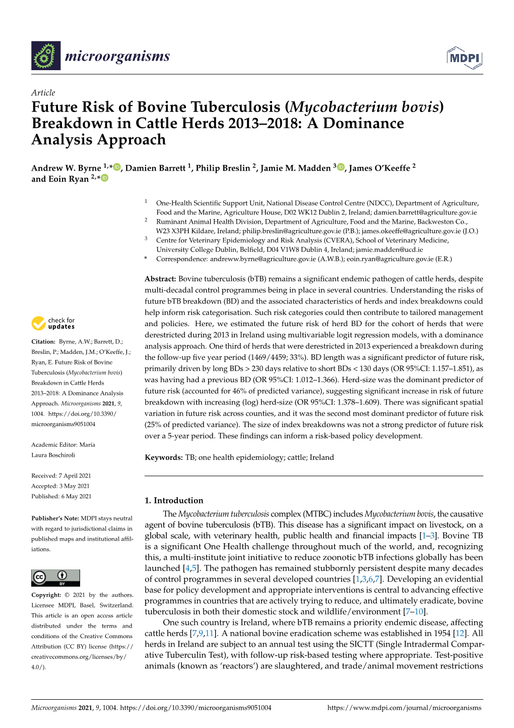 Mycobacterium Bovis) Breakdown in Cattle Herds 2013–2018: a Dominance Analysis Approach