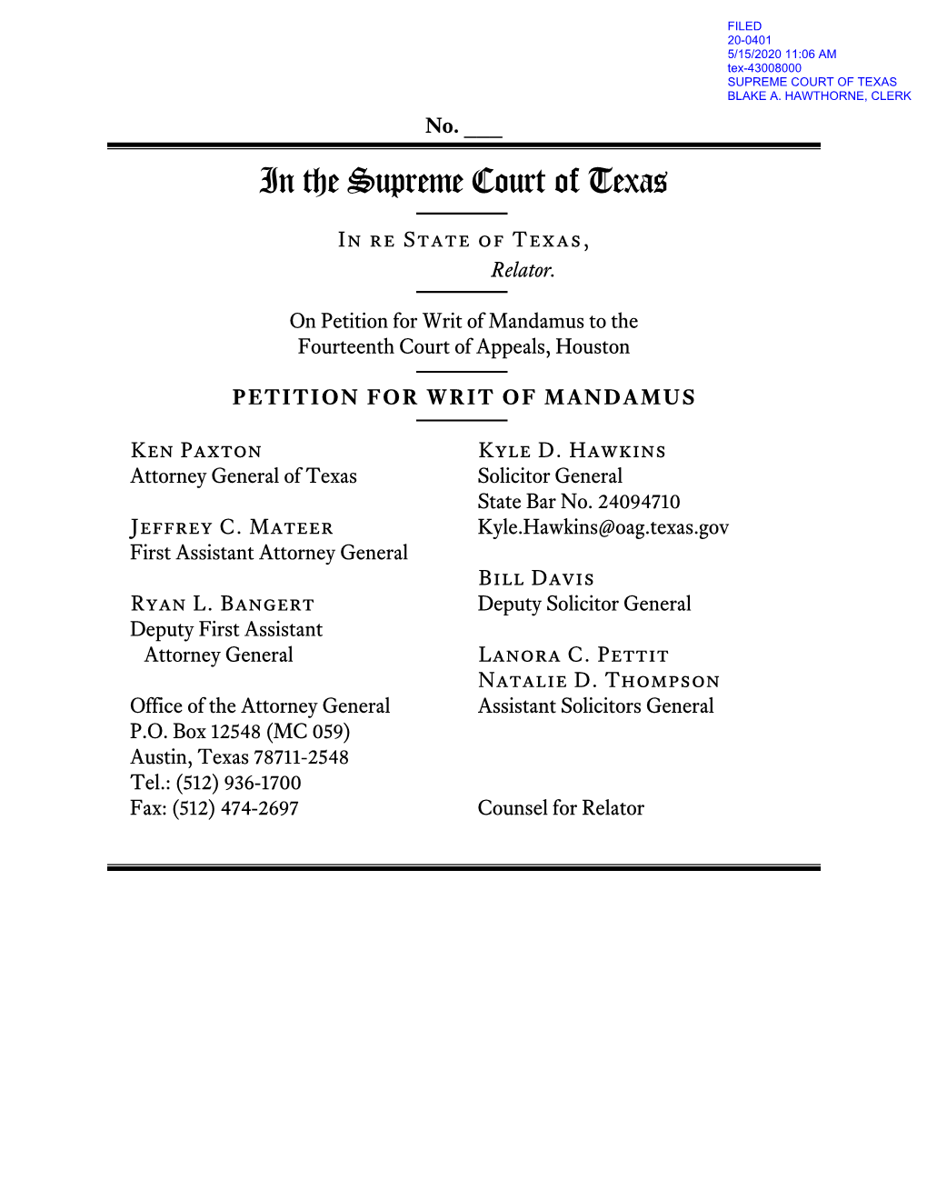 Petition for Writ of Mandamus to the Fourteenth Court of Appeals, Houston
