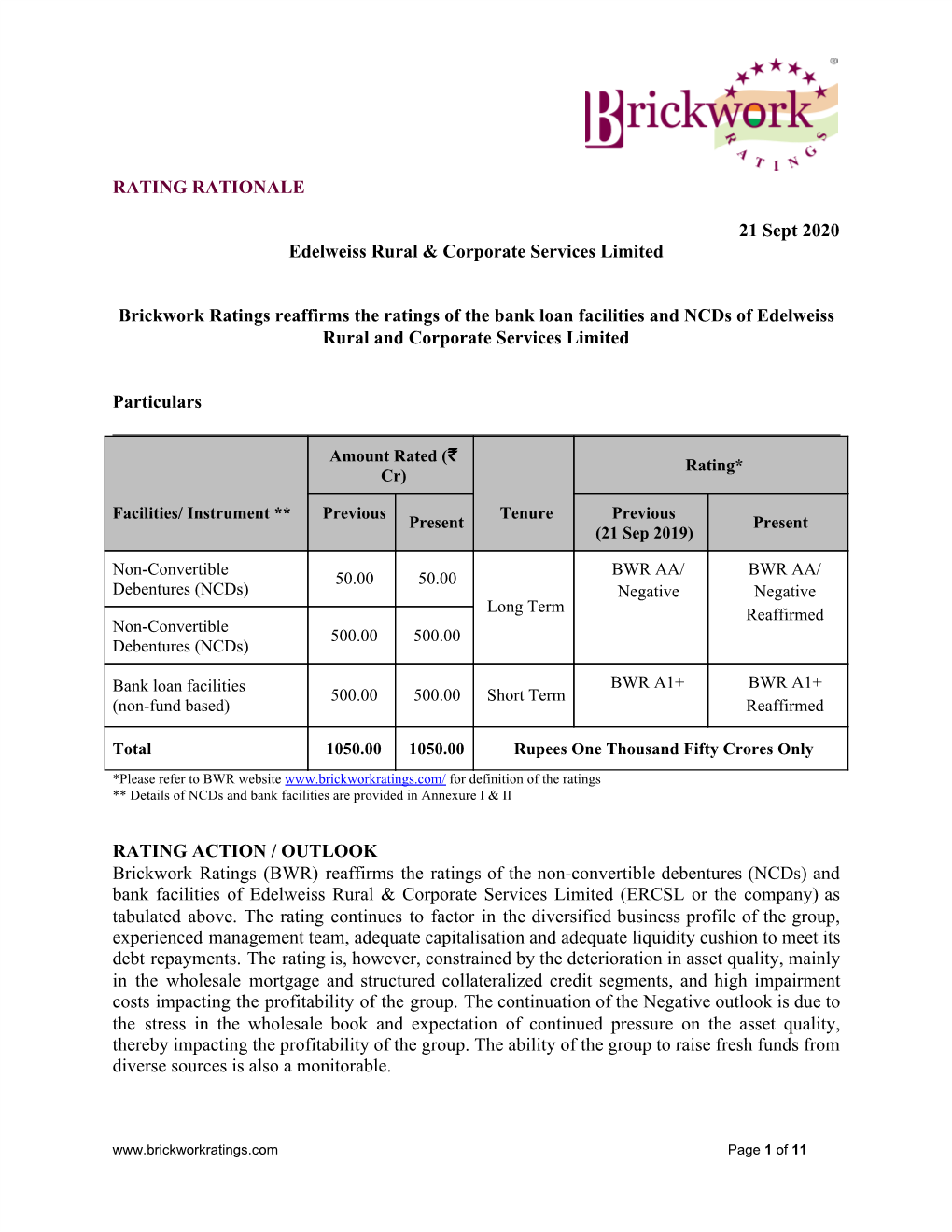 RATING RATIONALE 21 Sept 2020 Edelweiss Rural & Corporate