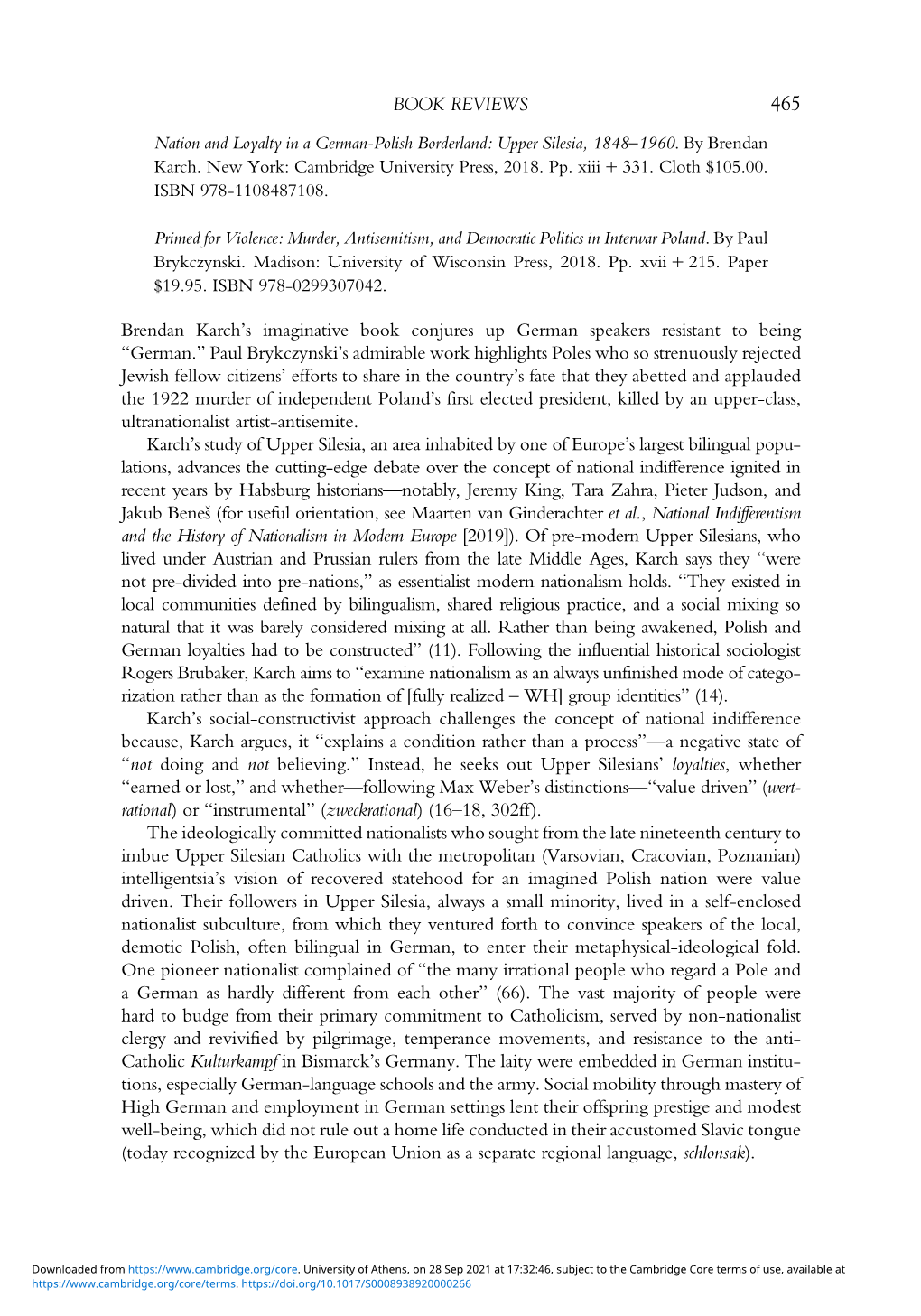 Nation and Loyalty in a German-Polish Borderland: Upper Silesia, 1848–1960. by Brendan Karch. New York: Cambridge University Press, 2018