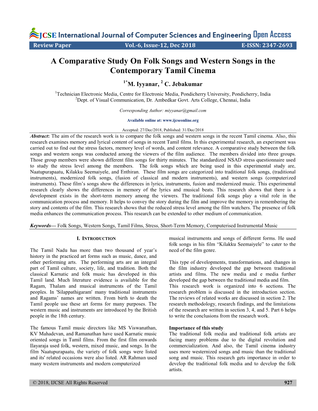 A Comparative Study on Folk Songs and Western Songs in the Contemporary Tamil Cinema